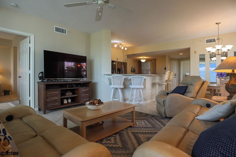 Large Screen TV and comfortable seating for the whole family.