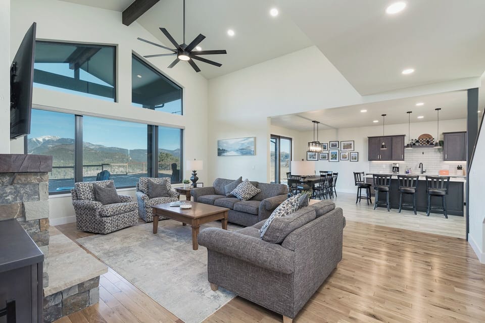 Main Living, Dining and Kitchen - TV, Wood burning fireplace and views