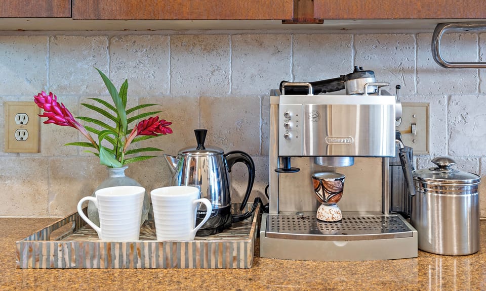 Coffee maker and tea kettle in the rentals kitchen
