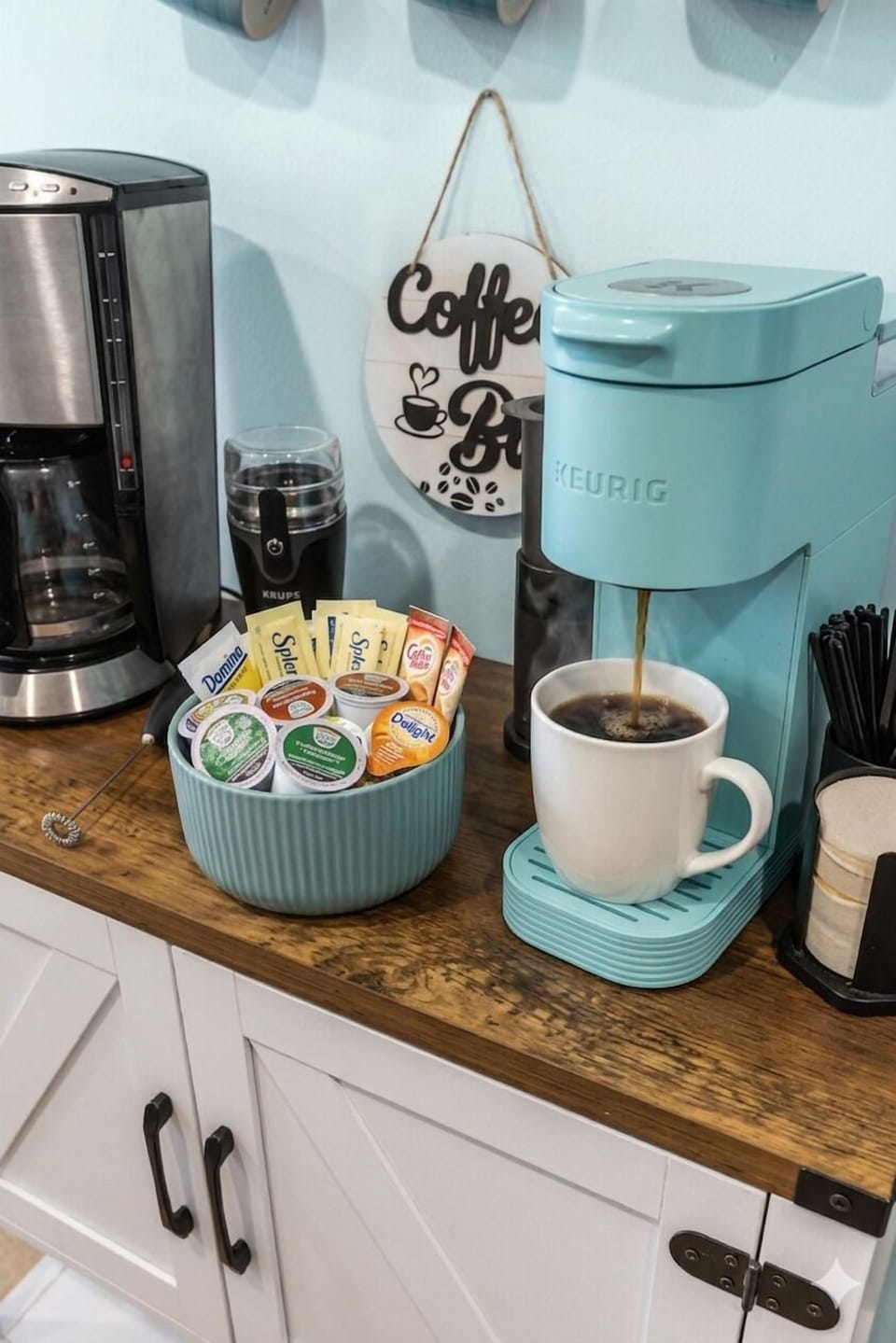 K-cups, sugars, and creamers all to get you started on that first morning cup of coffee! 