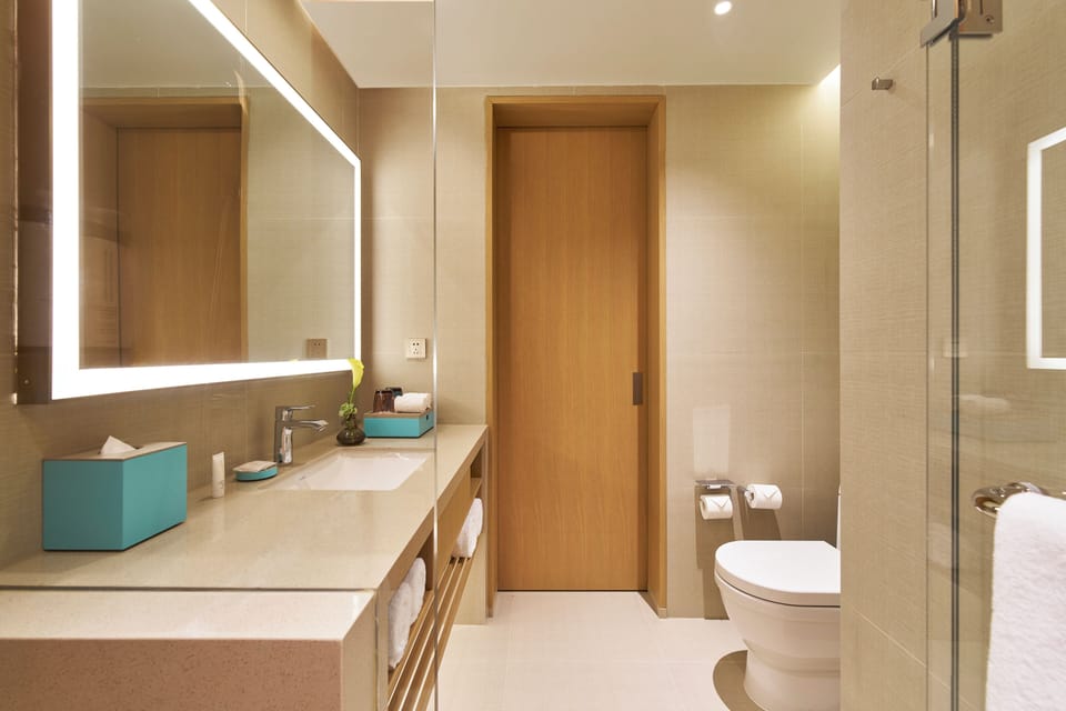 1 King Bed | Bathroom | Shower, rainfall showerhead, hair dryer, slippers