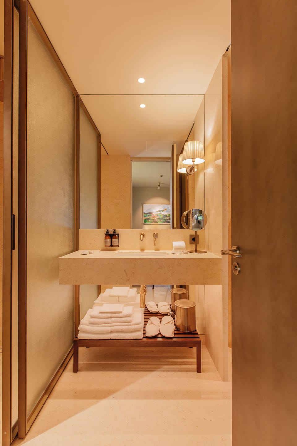 Shower, hair dryer, slippers, towels