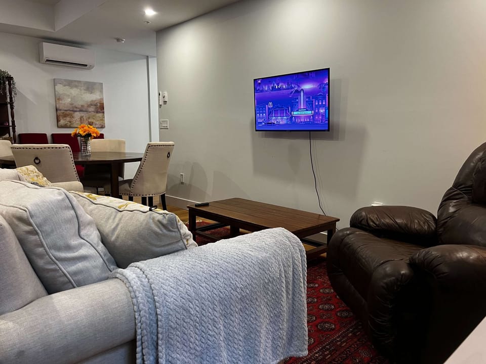 Kick back in the comfy chair-recliner or enjoy a movie night on the sofa and TV.