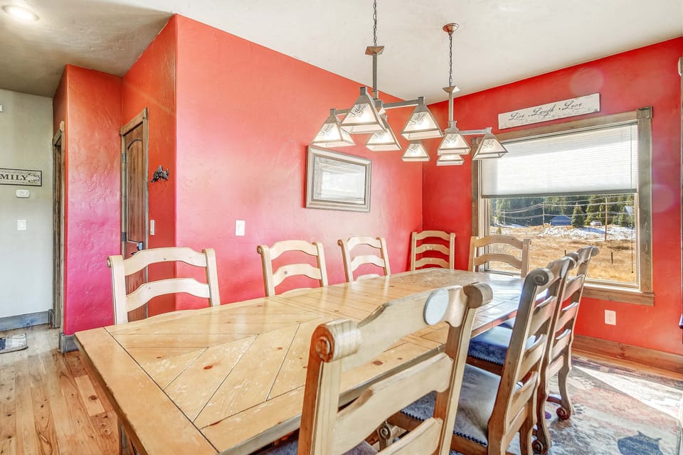 Gather for meals together at the dining table, seating 9