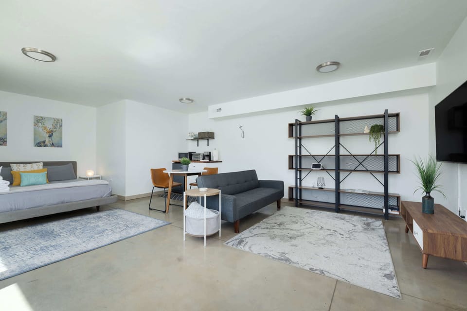 Studio with Smart TV, king bed, and kitchenette