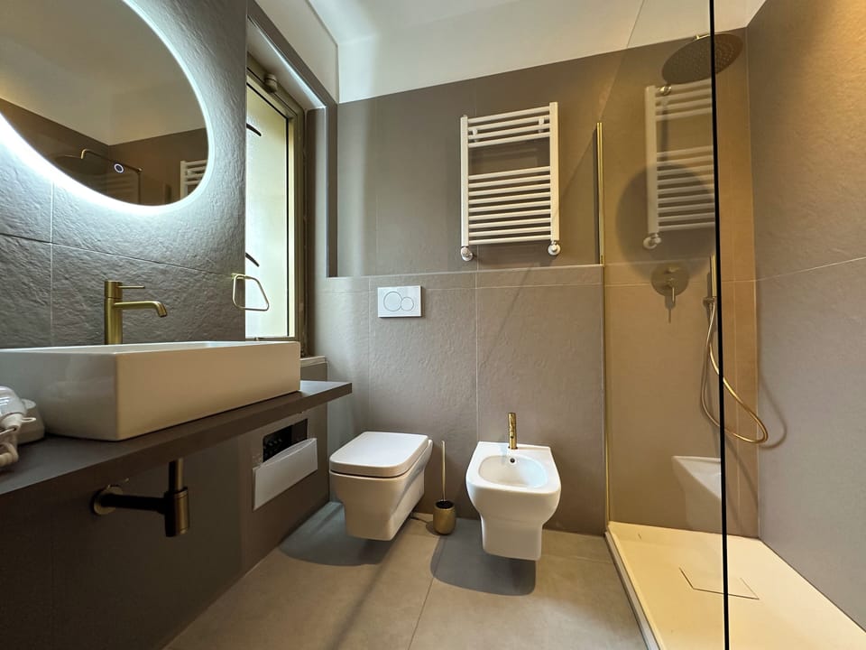 Shower, hair dryer, bidet, towels