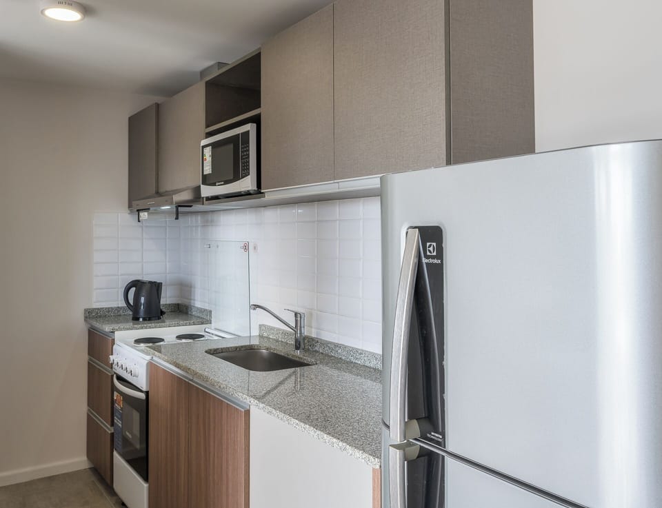 Deluxe Apartment, 1 Bedroom, Balcony, City View | Private kitchen | Full-size fridge, microwave, oven, stovetop