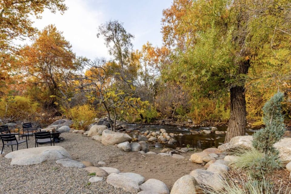 Charming setting with a serene river, rocks, and trees offering unique views.