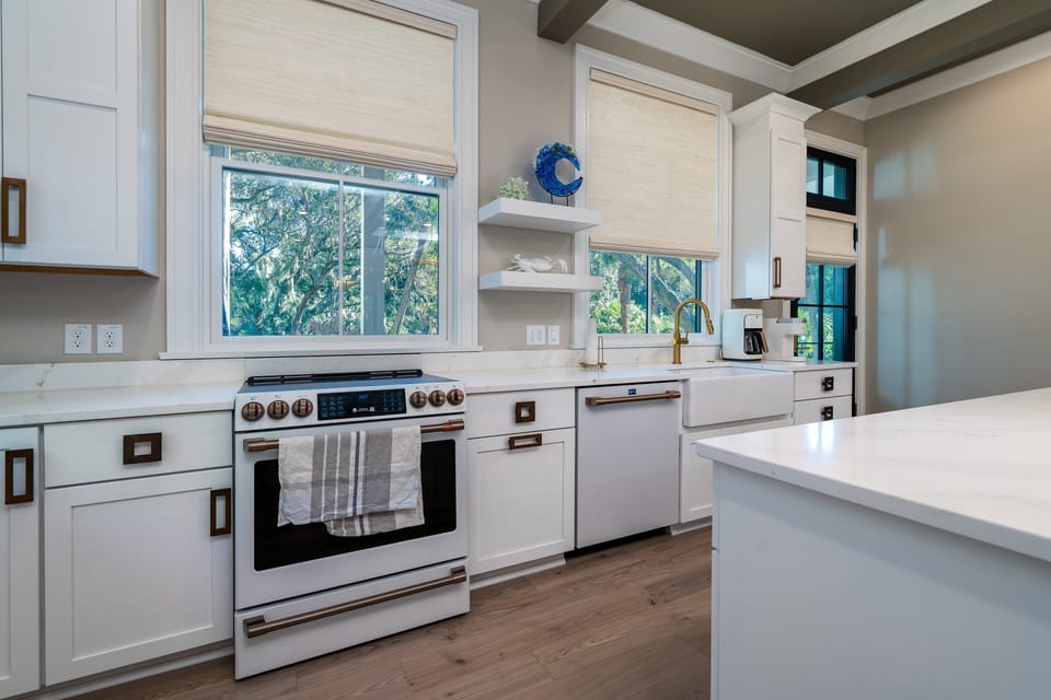 Loads of windows in the kitchen make this space bright and welcoming