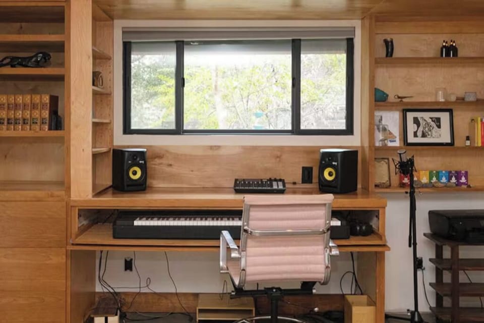Find your perfect workspace in this cozy room.