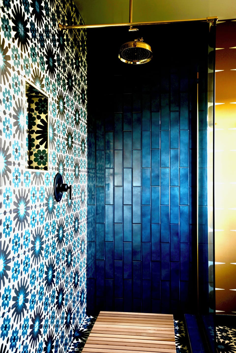 Shower, hair dryer, slippers, towels