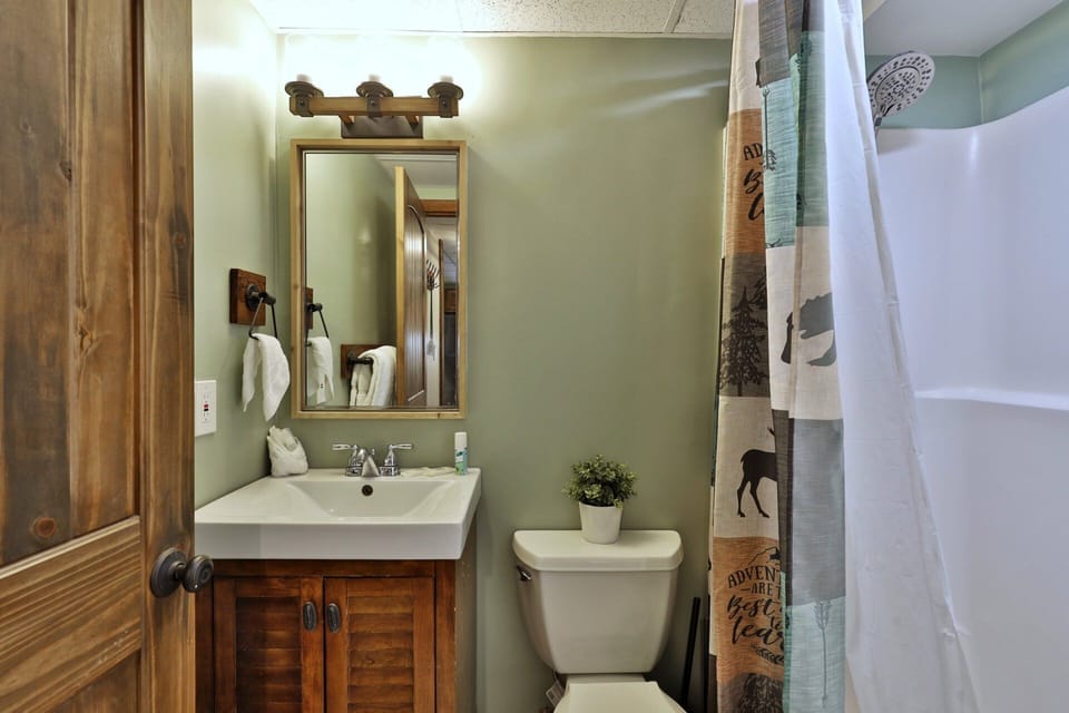 A separate bathroom keeps the vanity, toilet and tub-shower together behind a door.