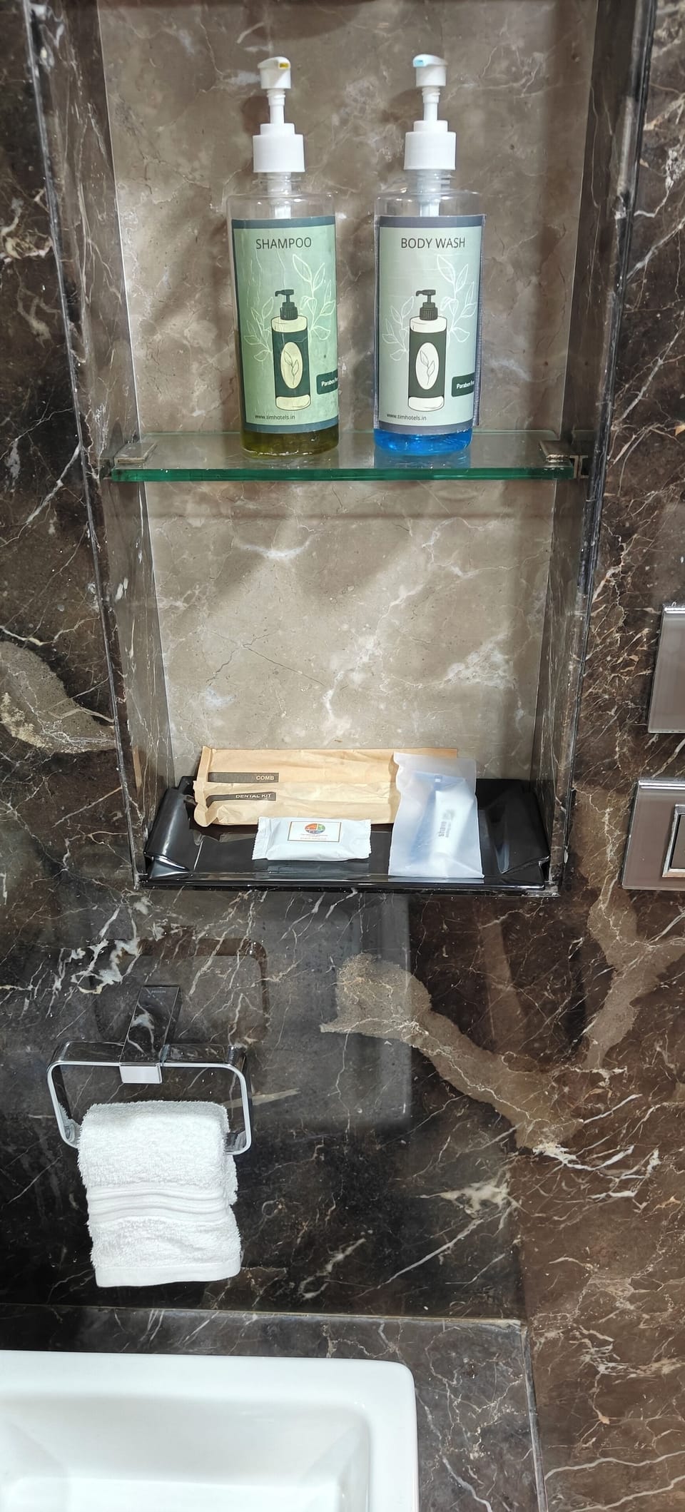 Shower, towels, soap, shampoo