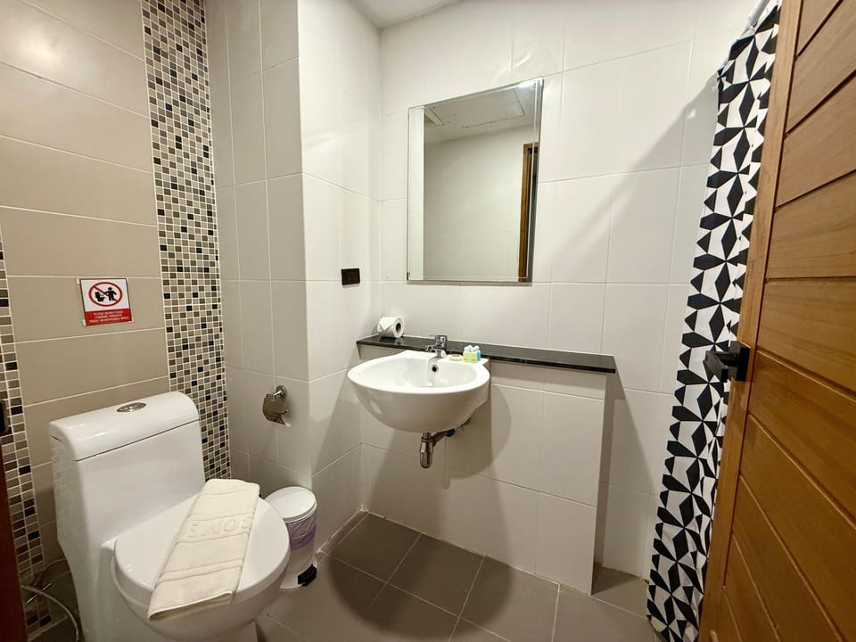 Shower, hair dryer, bidet, towels