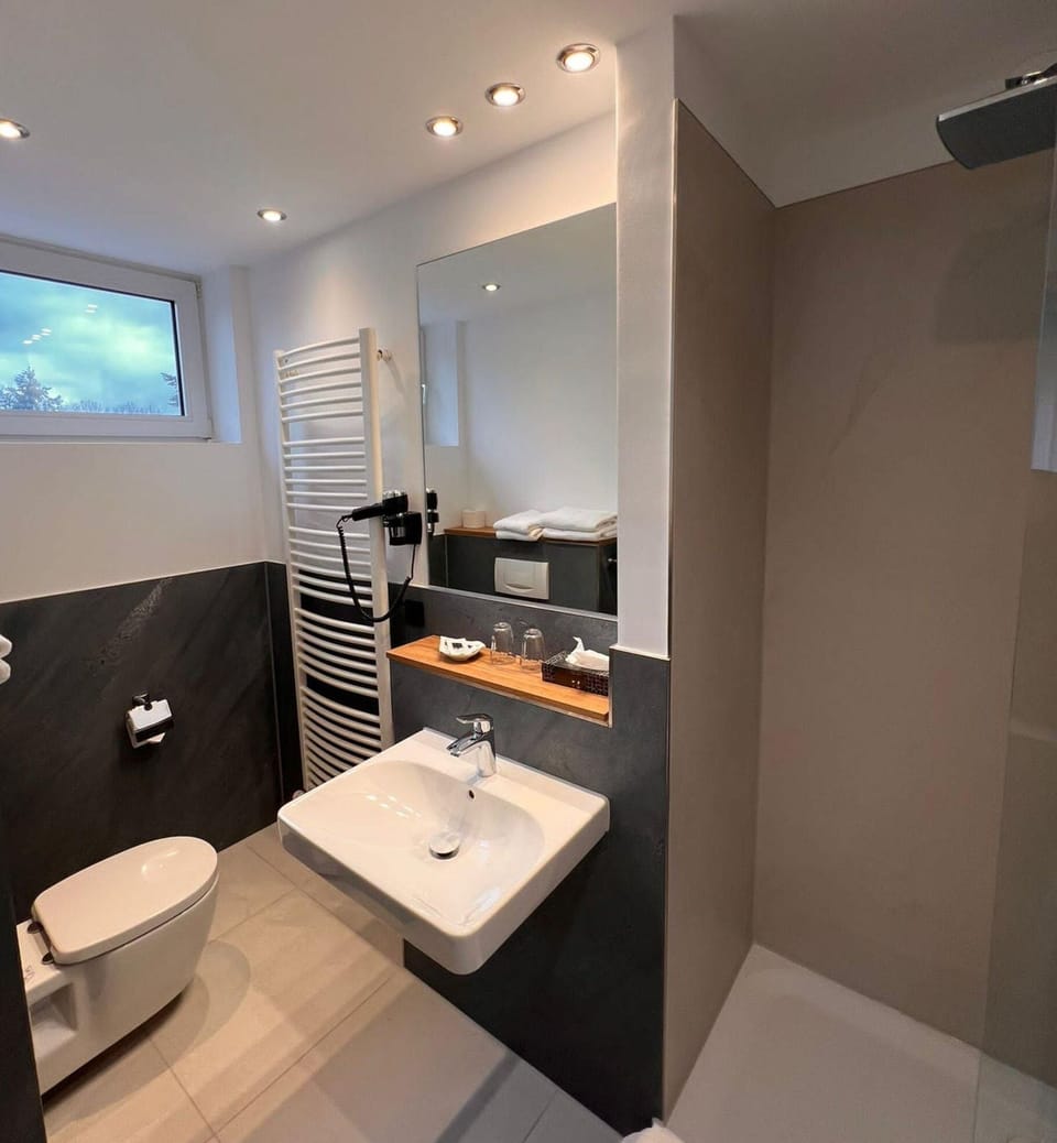 Shower, free toiletries, hair dryer, towels