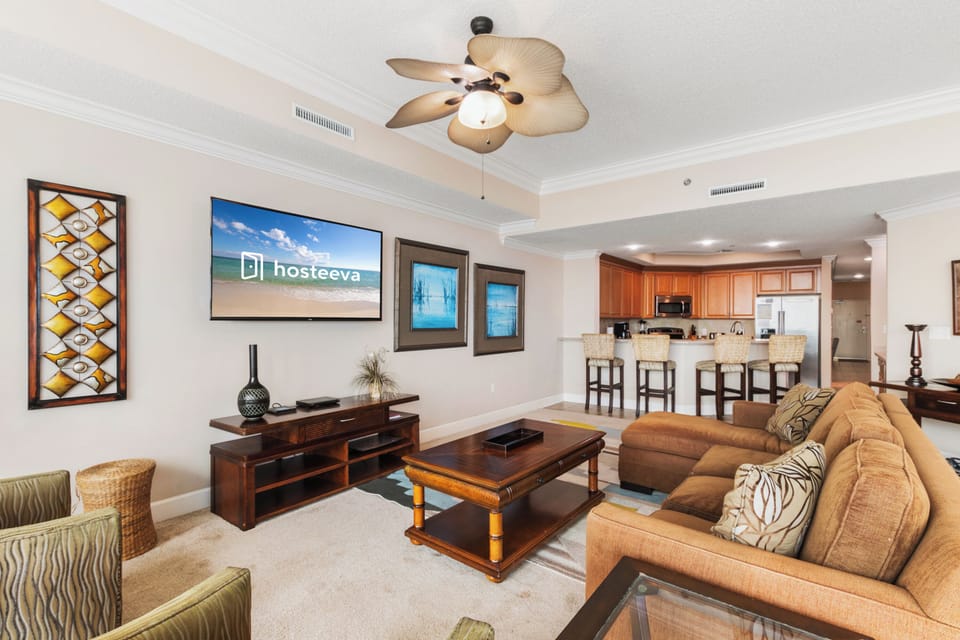 Signature Condo, 3 Bedrooms, Kitchen, Beach View | Living room | 55-inch Smart TV with cable channels