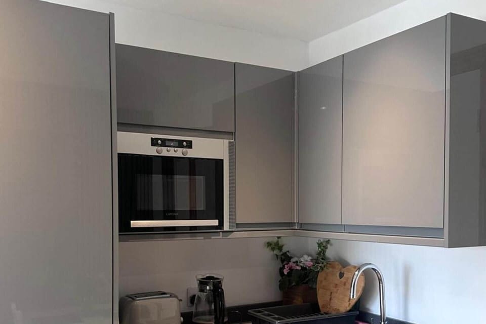 Fridge, microwave, electric kettle, toaster