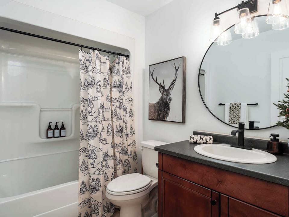 Full bathroom shower over bath, modern finishes and practical storage