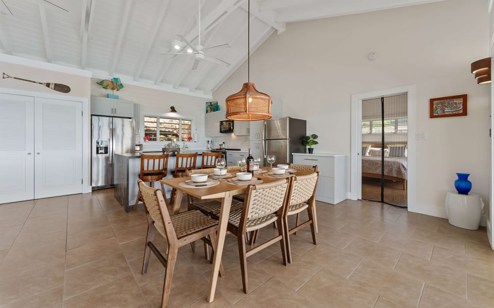 The dining and kitchen area allows for easy entertaining.