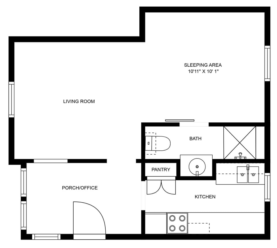 Small & very efficient floorplan.  Office, living, sleeping areas. Kit. & bath!