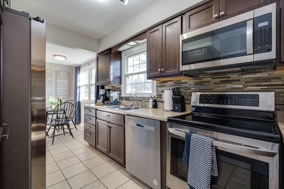 Kitchen with stainless steel appliances and plenty of counter space.