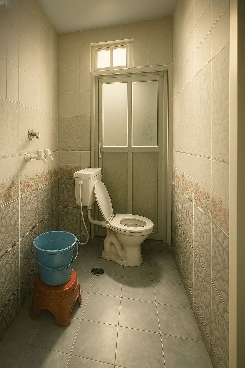 Shower, slippers, towels, soap