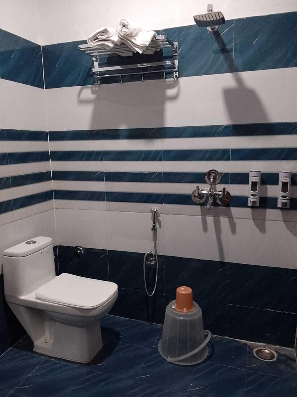 Combined shower/tub, towels, soap, shampoo