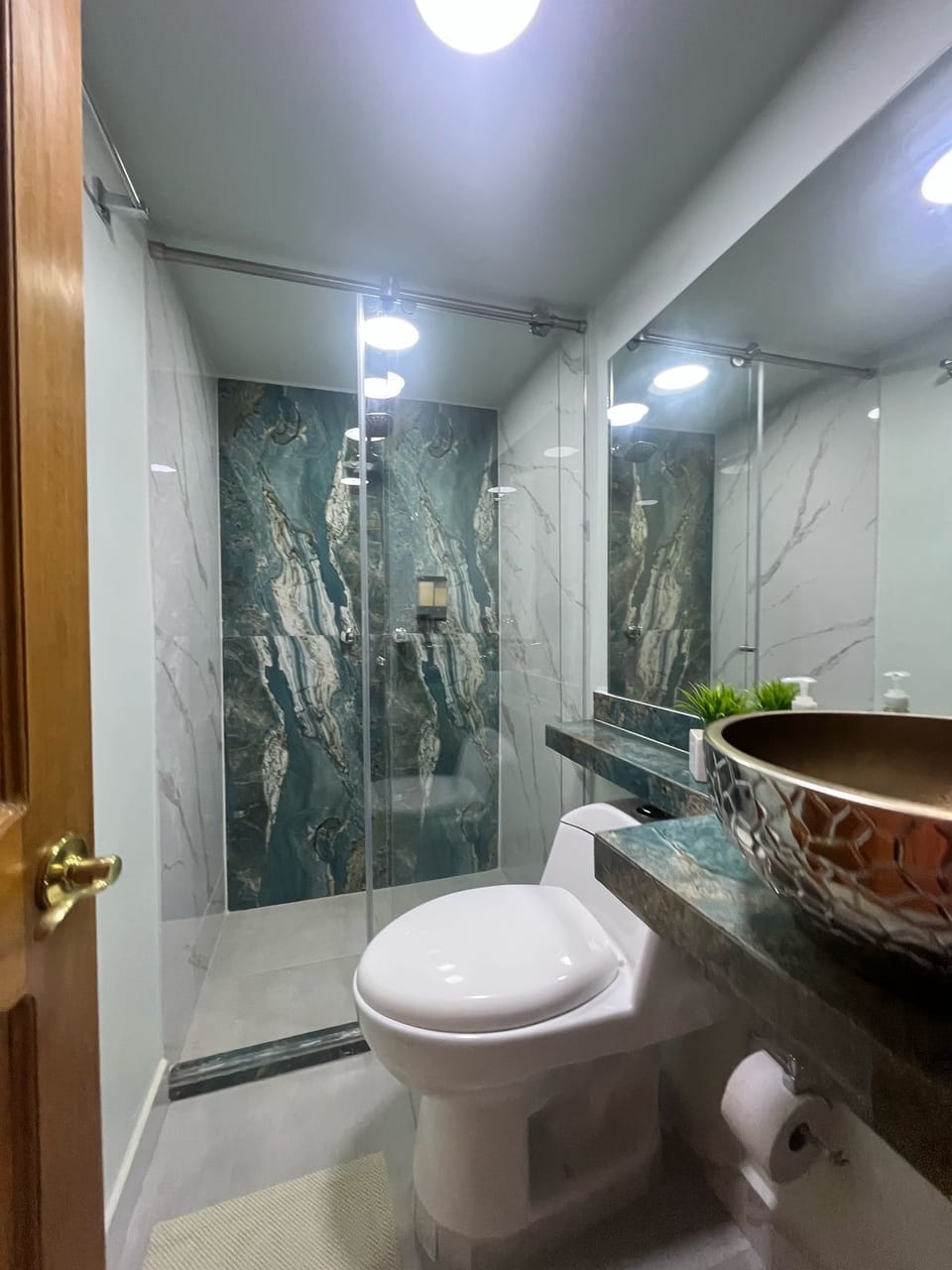 Family Studio Suite, Pool View | Bathroom | Shower, towels, soap, shampoo
