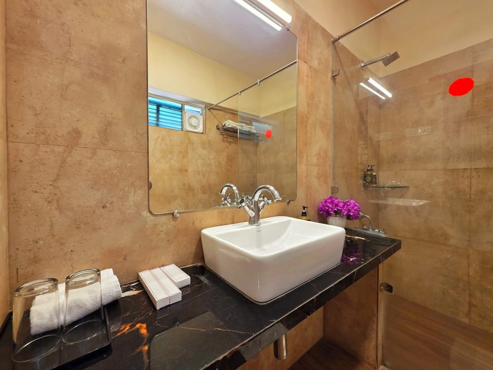Separate tub and shower, rainfall showerhead, free toiletries