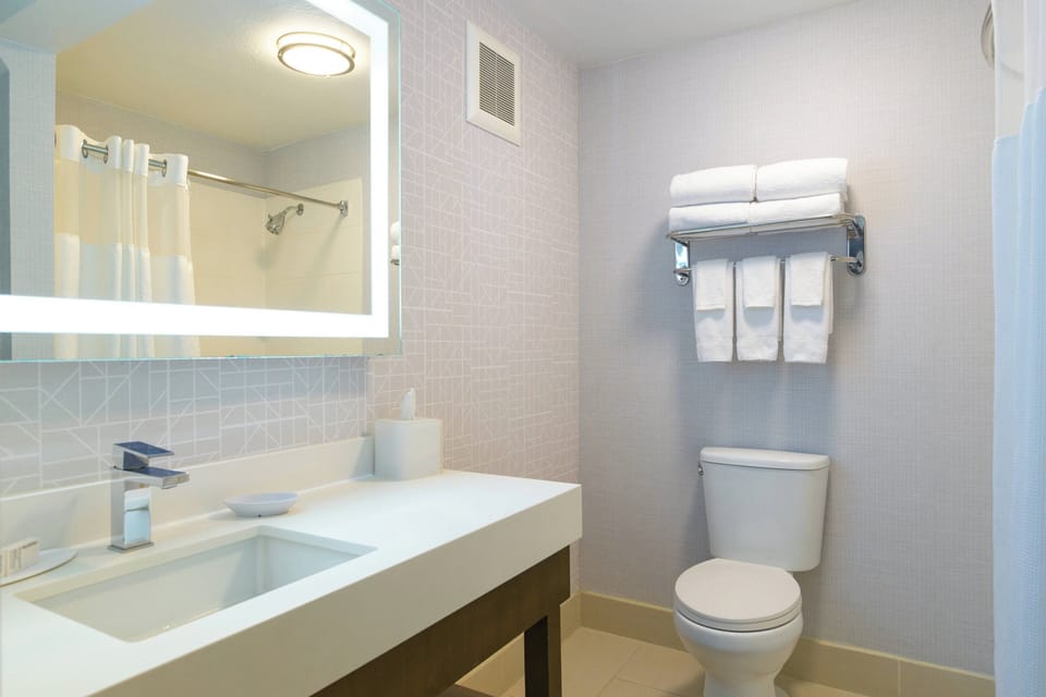 Combined shower/tub, free toiletries, hair dryer, towels