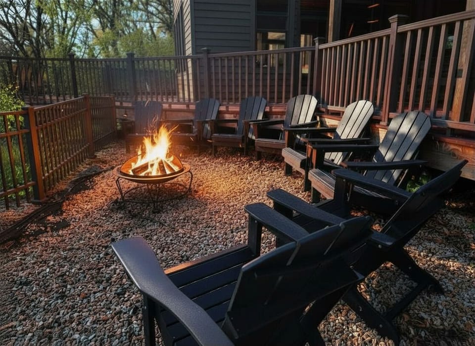 Adirondack chairs lit up, the kind of evening you came here for and won’t want to cut short.