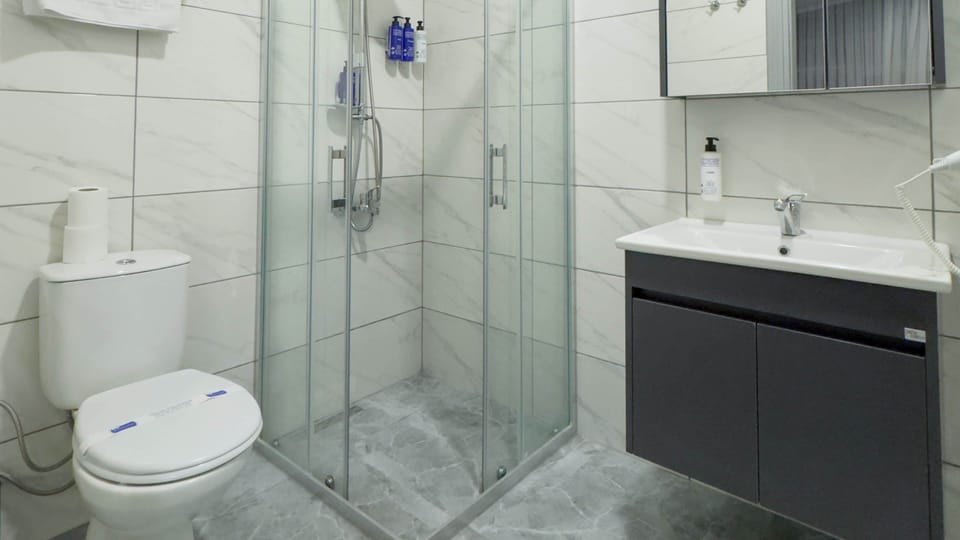 Hair dryer, towels, soap, shampoo