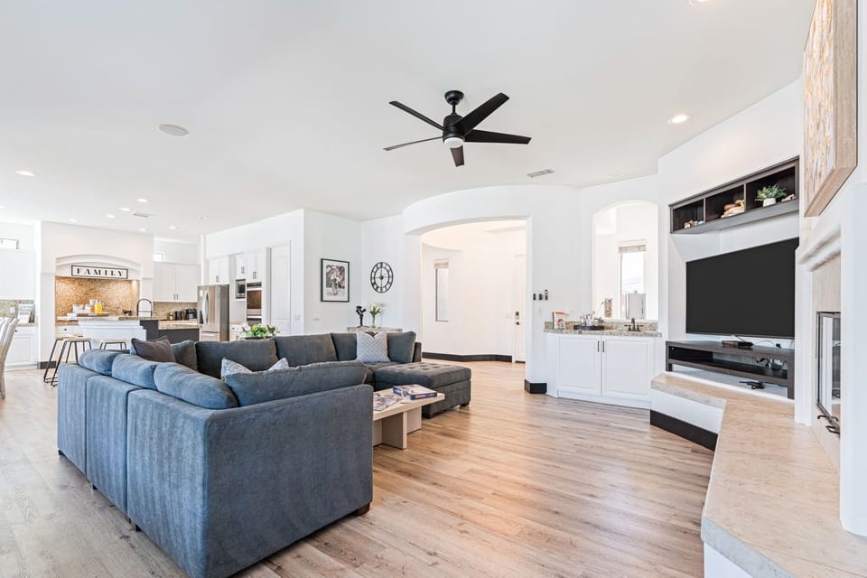 Villa, Mountain View | Living room | 65-inch Smart TV with cable channels, fireplace, video-game console