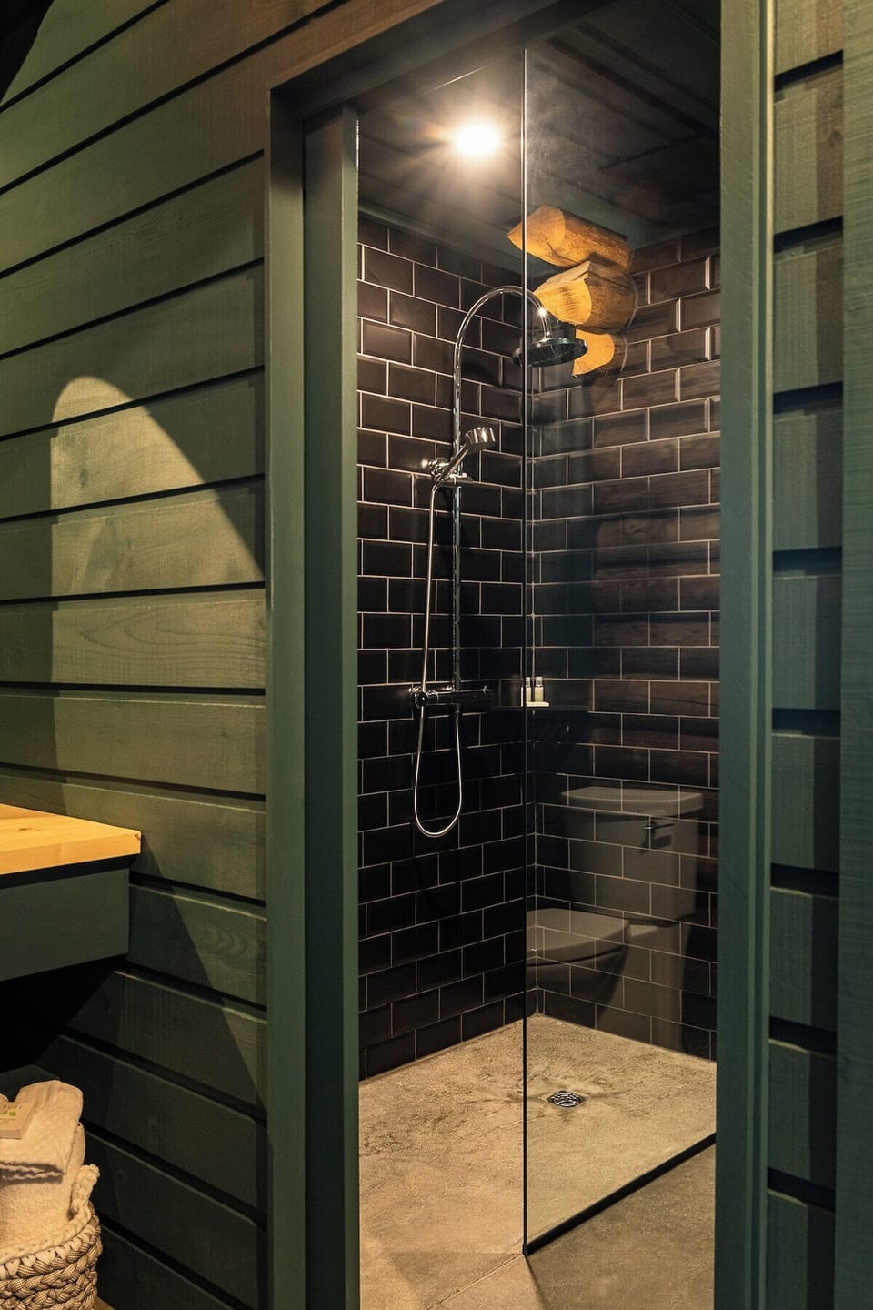 sink, mini fridge, Nespresso machine, shower and toilet