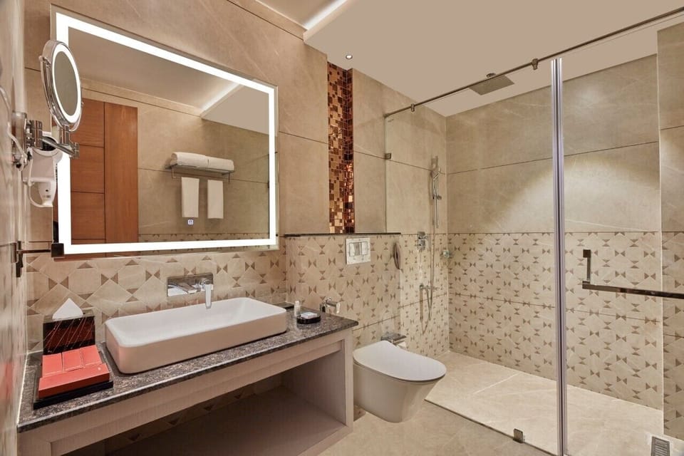 Hair dryer, slippers, towels, soap