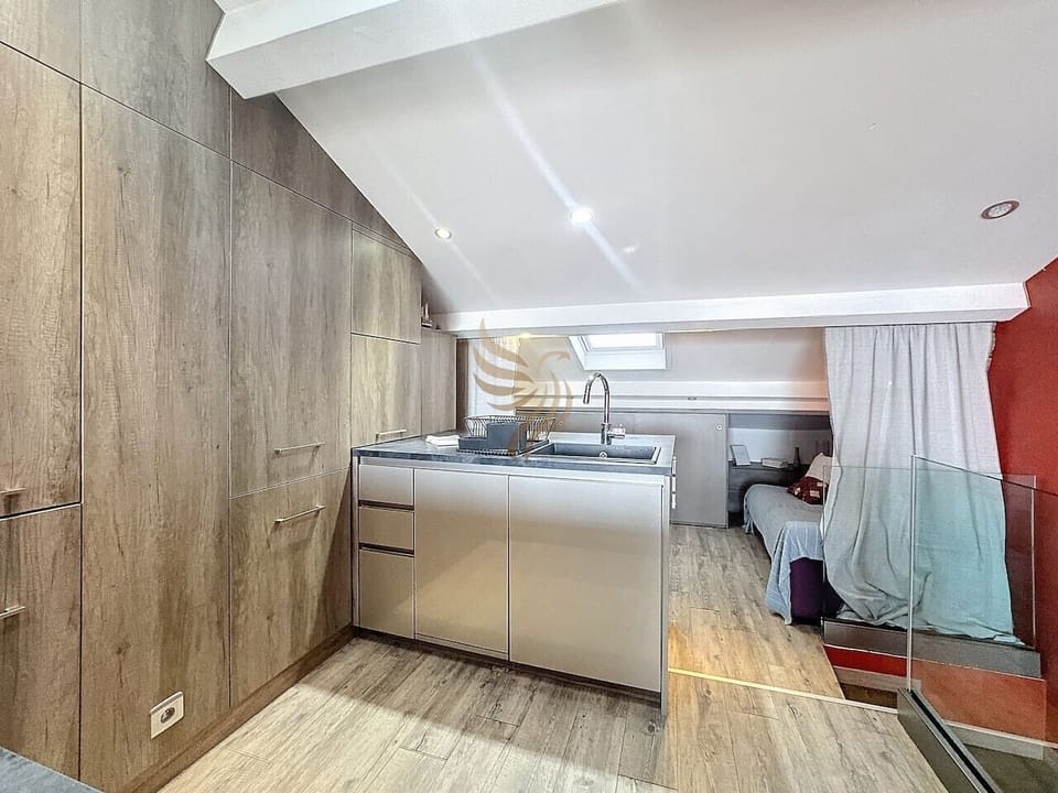 Un logement lumineux avec cuisine moderne en inox et coin nuit avec canapé-lit discret derrière un rideau, parfait pour optimiser l`espace et créer une ambiance conviviale.