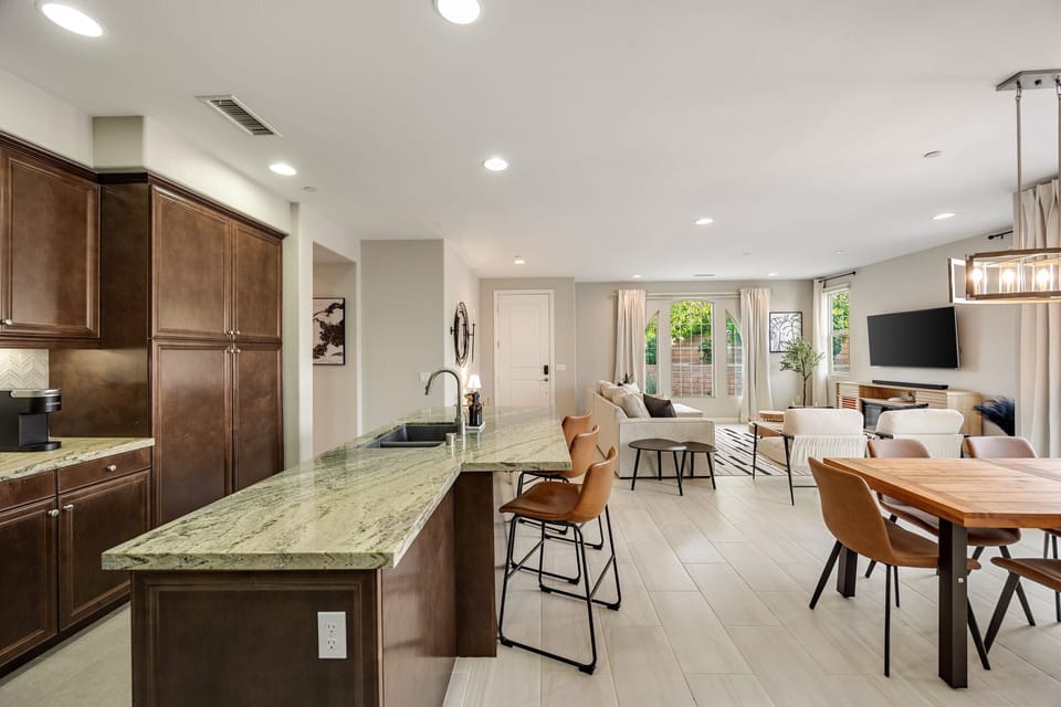 Bar-height seating for three—perfect for casual meals or drinks.