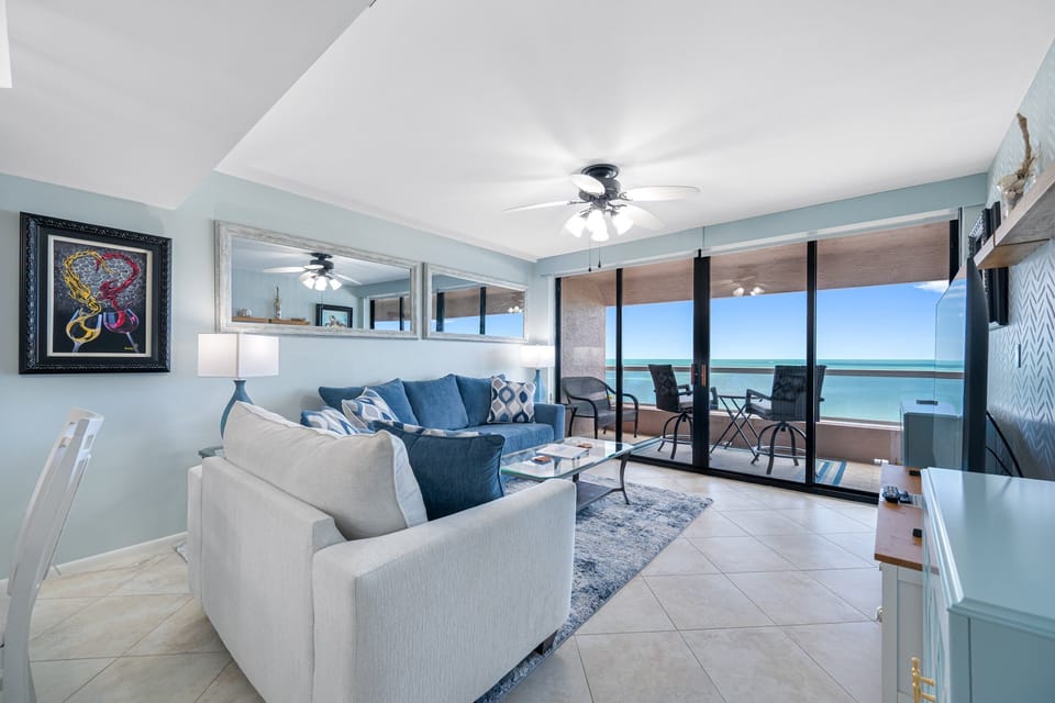 Newly updated living room with a Gulf View