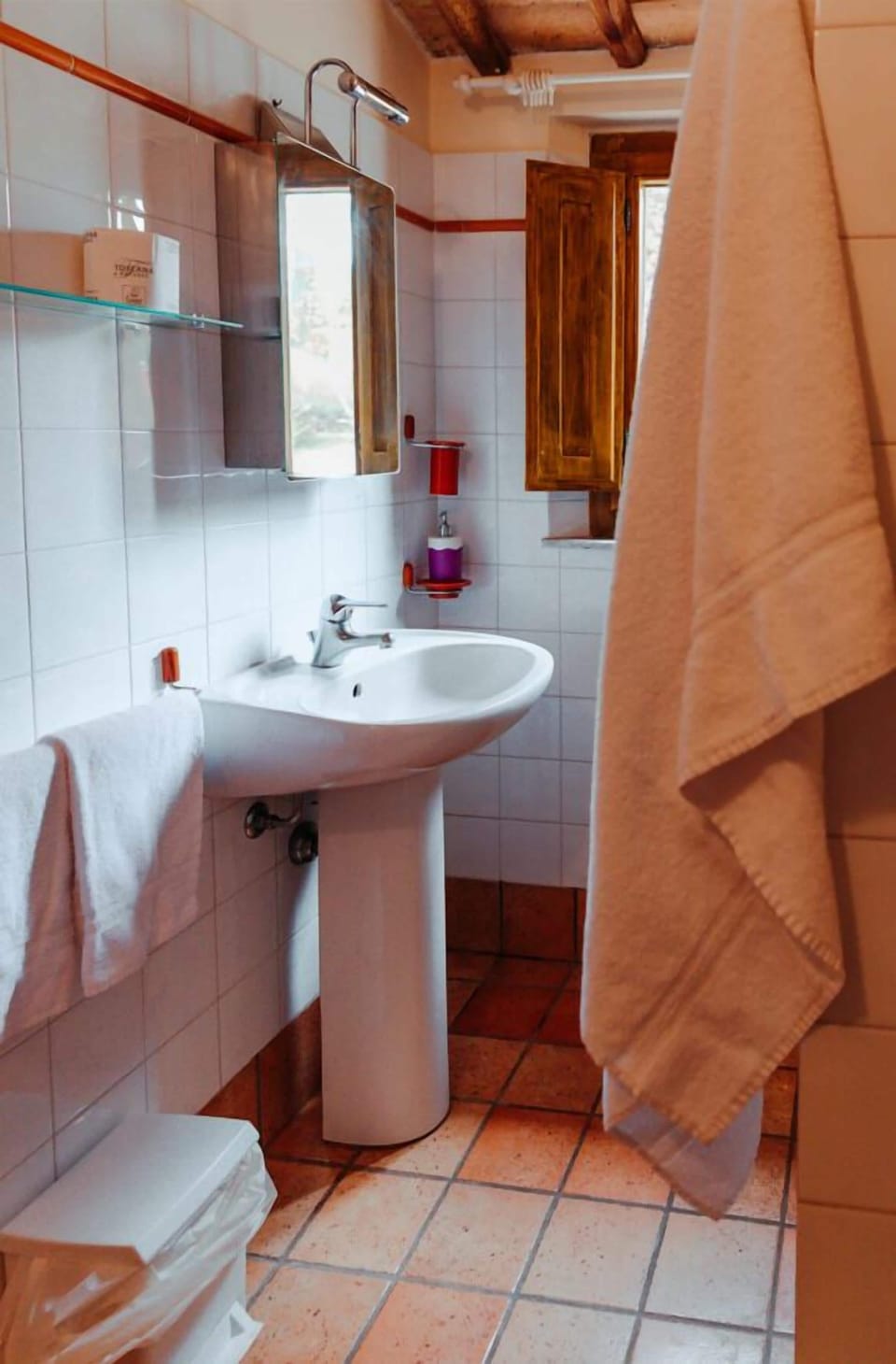 Shower, hair dryer, soap, toilet paper