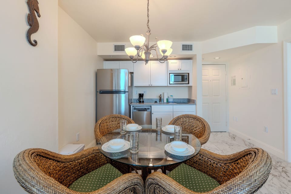 Just steps away from the kitchen.