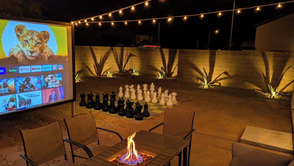 Back Yard with Theater Screen and Giant Chess