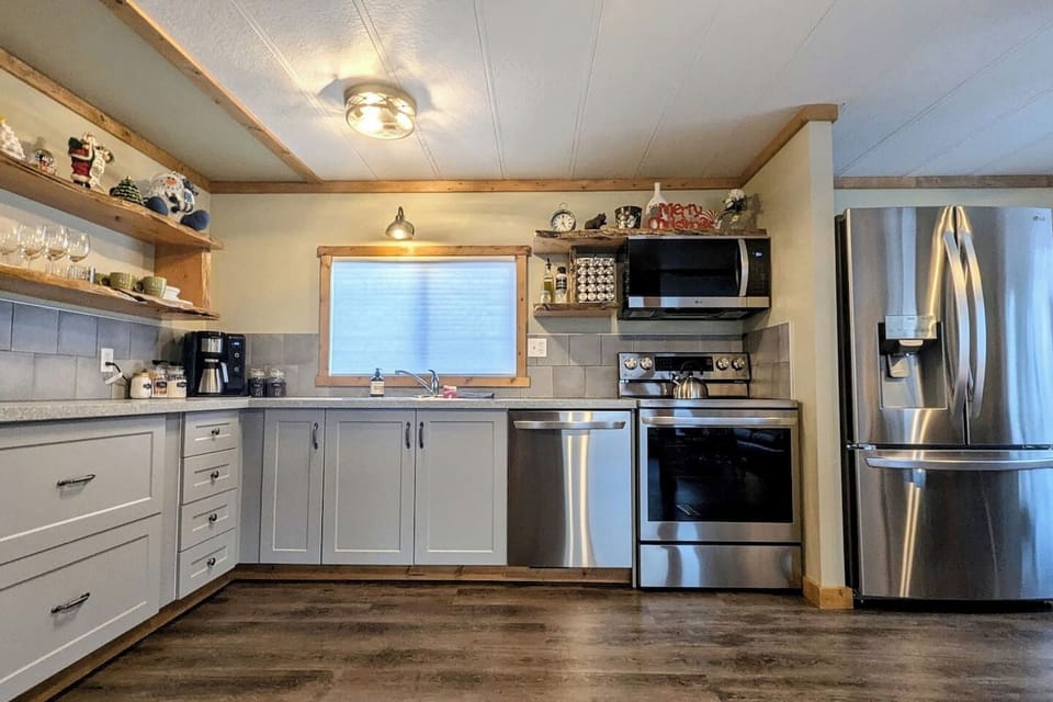 Fully stocked kitchen for all your cooking and baking needs. There is also an Air Fryer and Crock Pot!