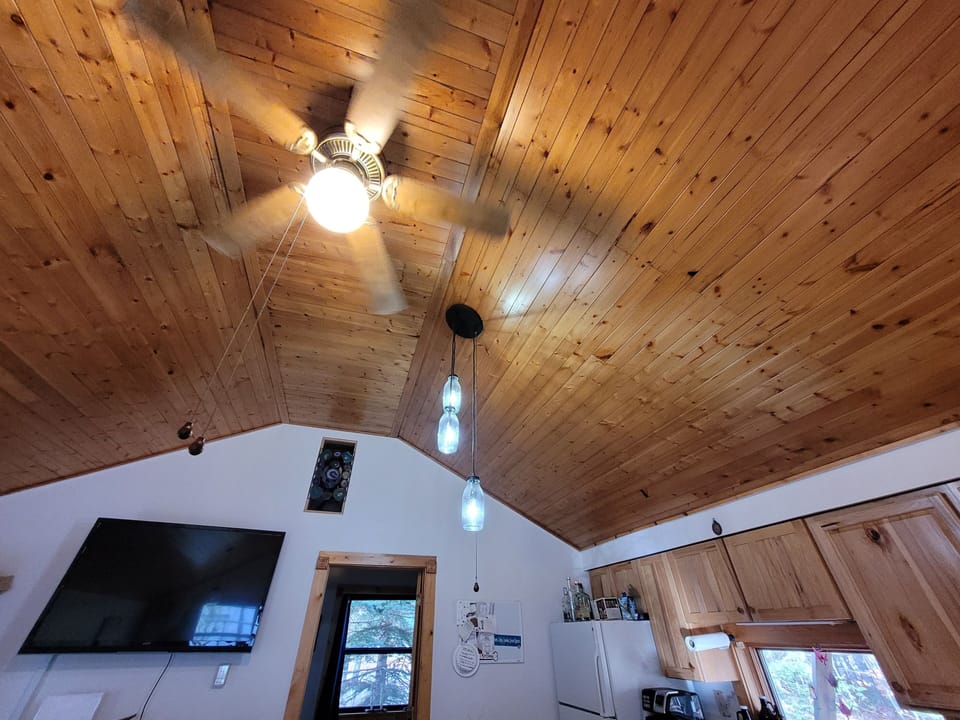ceiling of living room, kitchen on the right 