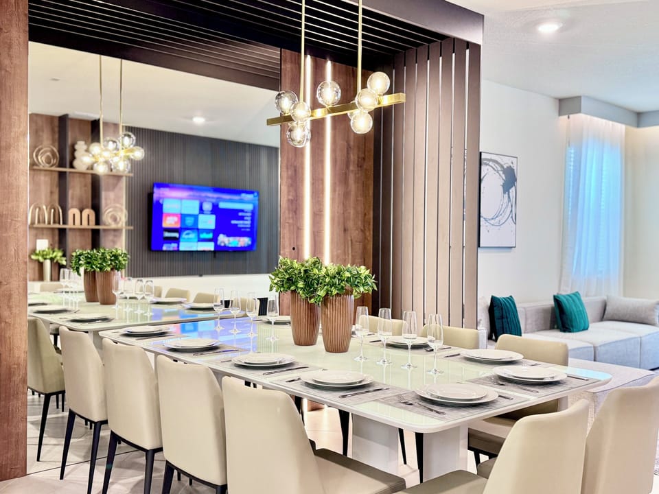 The dining table is integrated into the living room