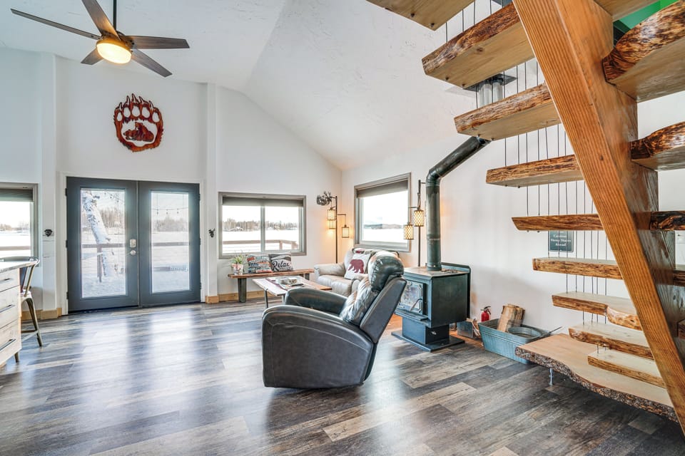 Living Room | Wood-Burning Stove | Twin Sleeper Sofa | Smart TV | 1st Floor
