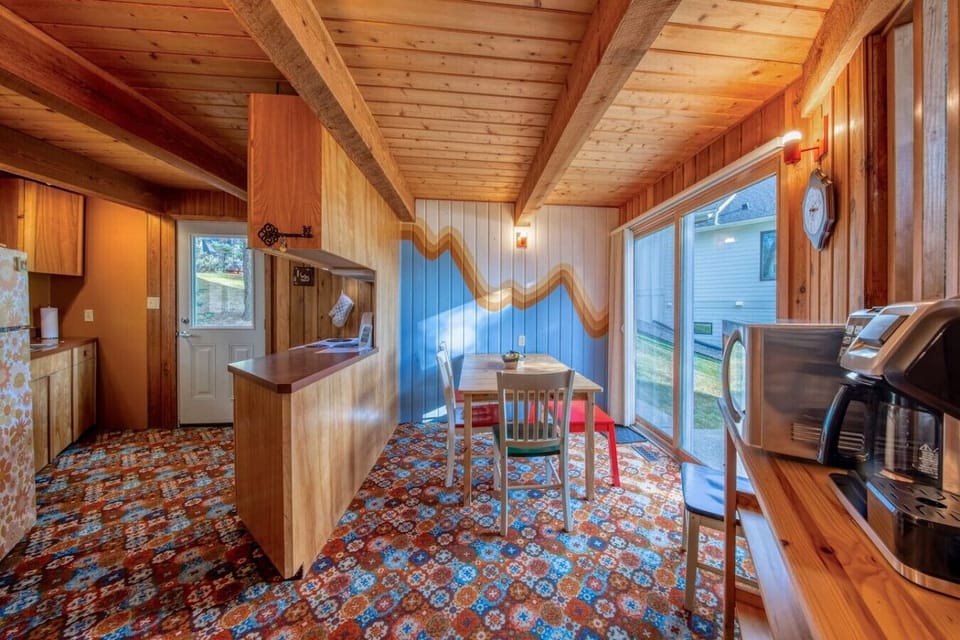 Dining area with mountain views.