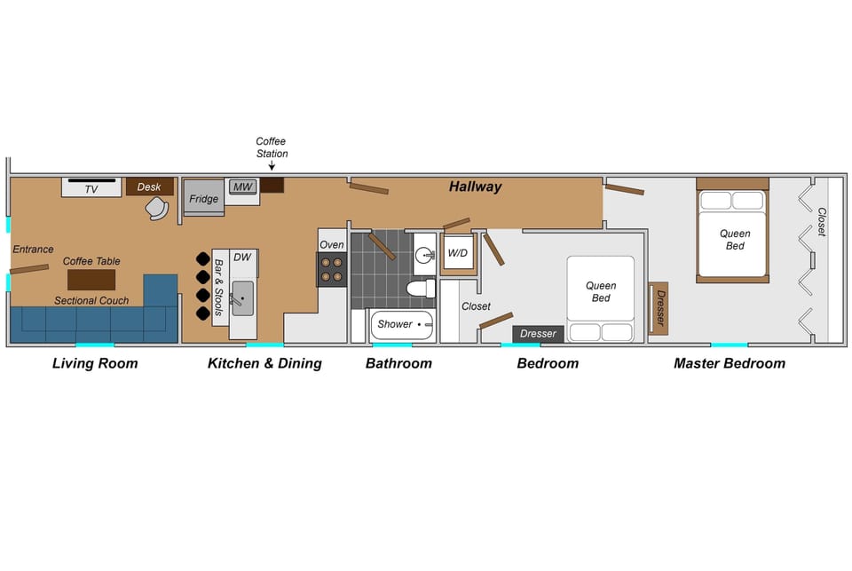 House layout and floorplan. Hallway provides private access to each bedroom.