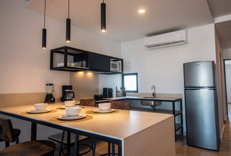 Luxury Apartment, 1 Bedroom, City View | Private kitchen | Microwave, dining tables