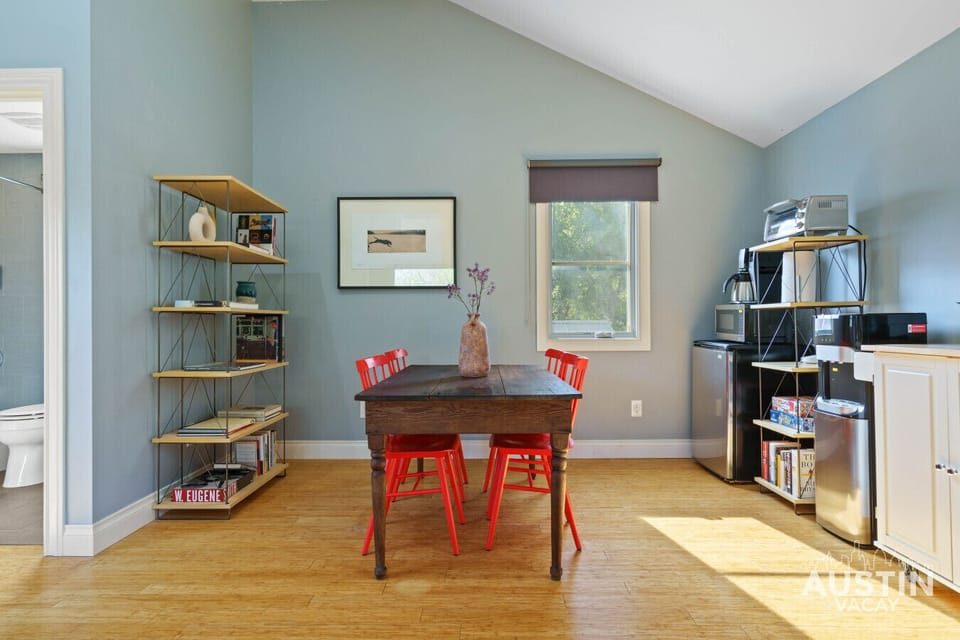 Gather around this rustic dining nook, perfectly set up for casual meals or morning coffee