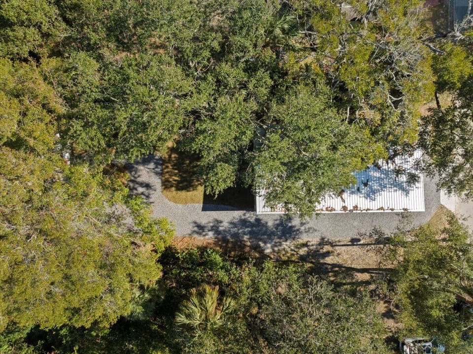 Tiny house has its own driveway with ample space for parking.
